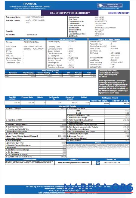 Blank INDIA TPWODL utility bill Word and PDF template